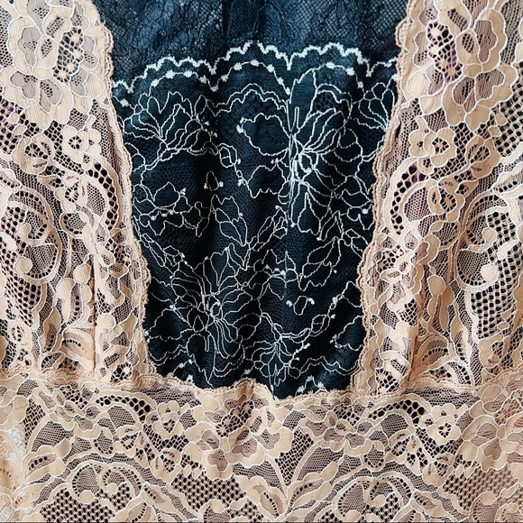 SANDRO PARIS lace overlay tan white black fitted midi dress womens 2 - Picture 2 of 8